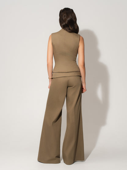 Flared Trousers With Adjustable Waist In Linen - Green