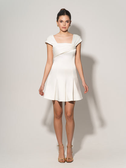 Flared Satin Mini Dress With Gathered Bust Overlay - Pearl White