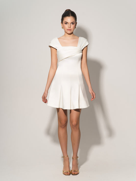 Flared Satin Mini Dress With Gathered Bust Overlay - Pearl White