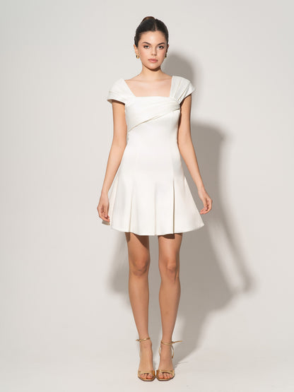 Flared Satin Mini Dress With Gathered Bust Overlay - Pearl White