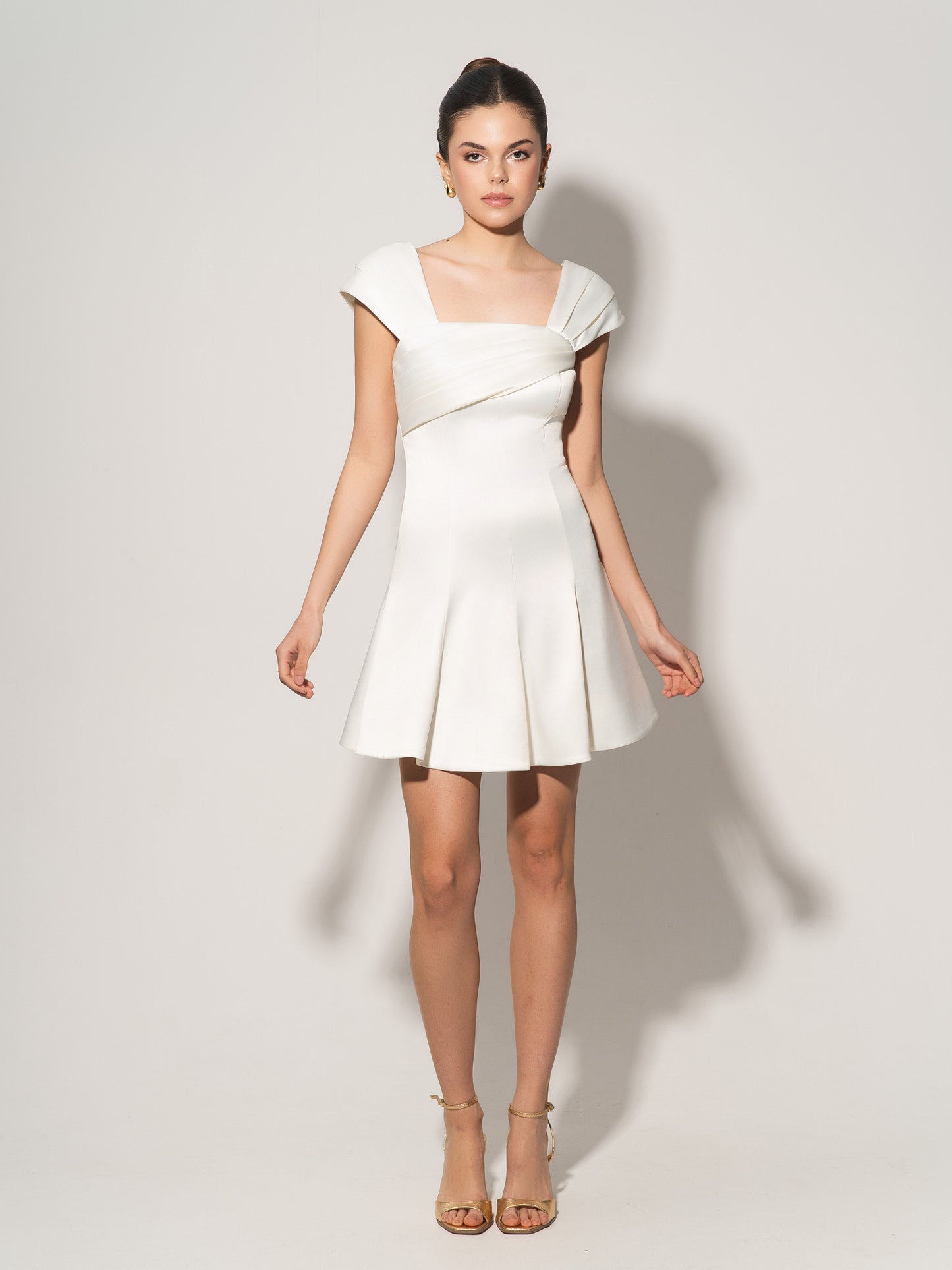 Flared Satin Mini Dress With Gathered Bust Overlay - Pearl White