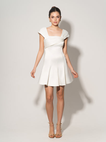 Flared Satin Mini Dress With Gathered Bust Overlay - Pearl White