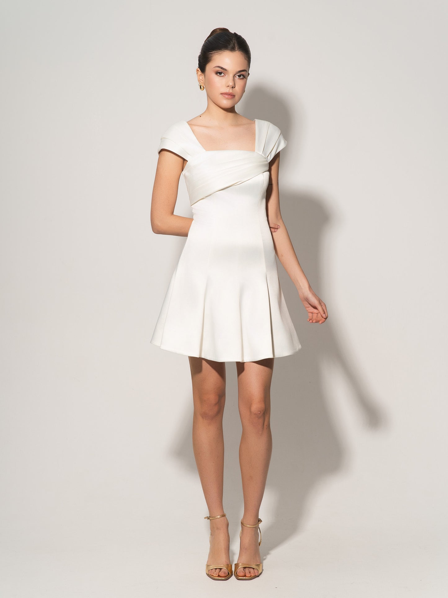 Flared Satin Mini Dress With Gathered Bust Overlay - Pearl White