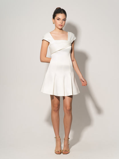 Flared Satin Mini Dress With Gathered Bust Overlay - Pearl White