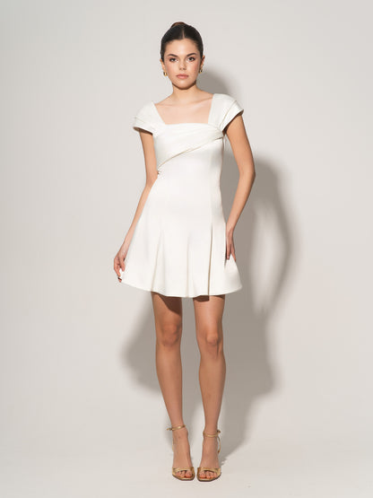 Flared Satin Mini Dress With Gathered Bust Overlay - Pearl White