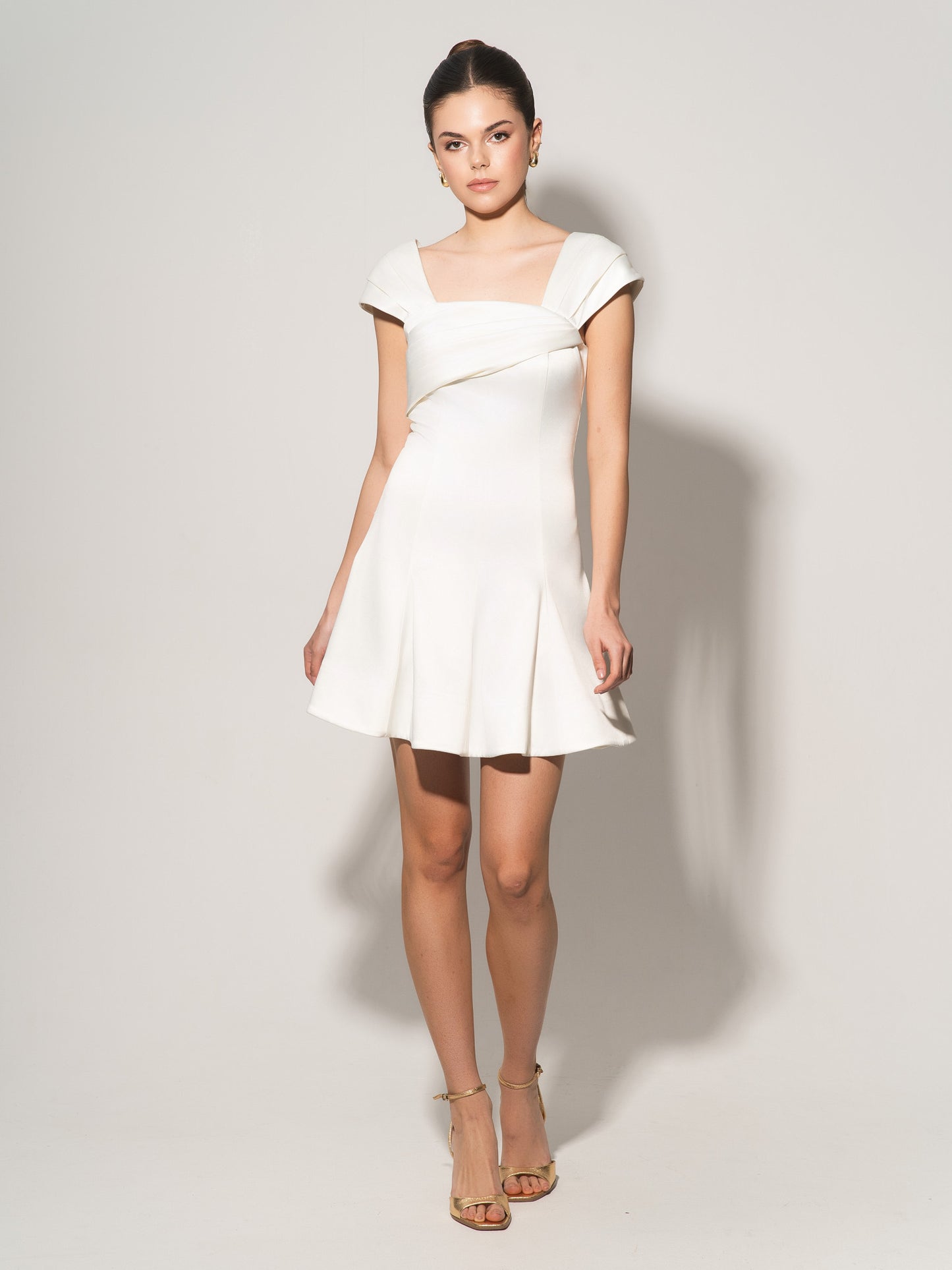 Flared Satin Mini Dress With Gathered Bust Overlay - Pearl White