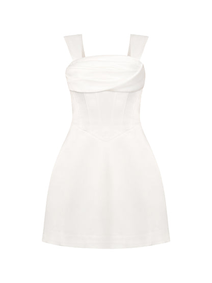 Gathered Bust Satin Mini Dress - Pearl White