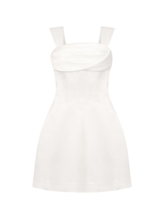 Gathered Bust Satin Mini Dress - Pearl White
