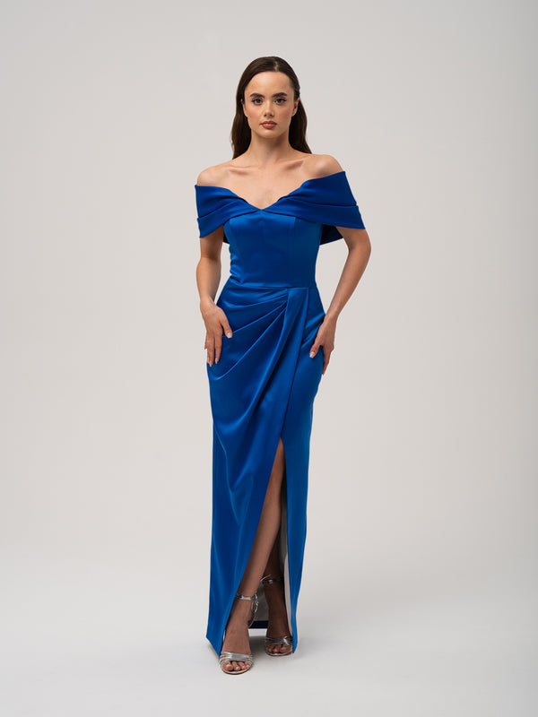 Heavenly Kissed Draped Satin Maxi Dress - Azure Blue by Tia Dorraine Women's Luxury Fashion Designer Clothing Brand