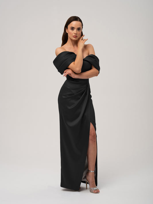 Heavenly Kissed Draped Satin Maxi Dress - Black by Tia Dorraine Women's Luxury Fashion Designer Clothing Brand