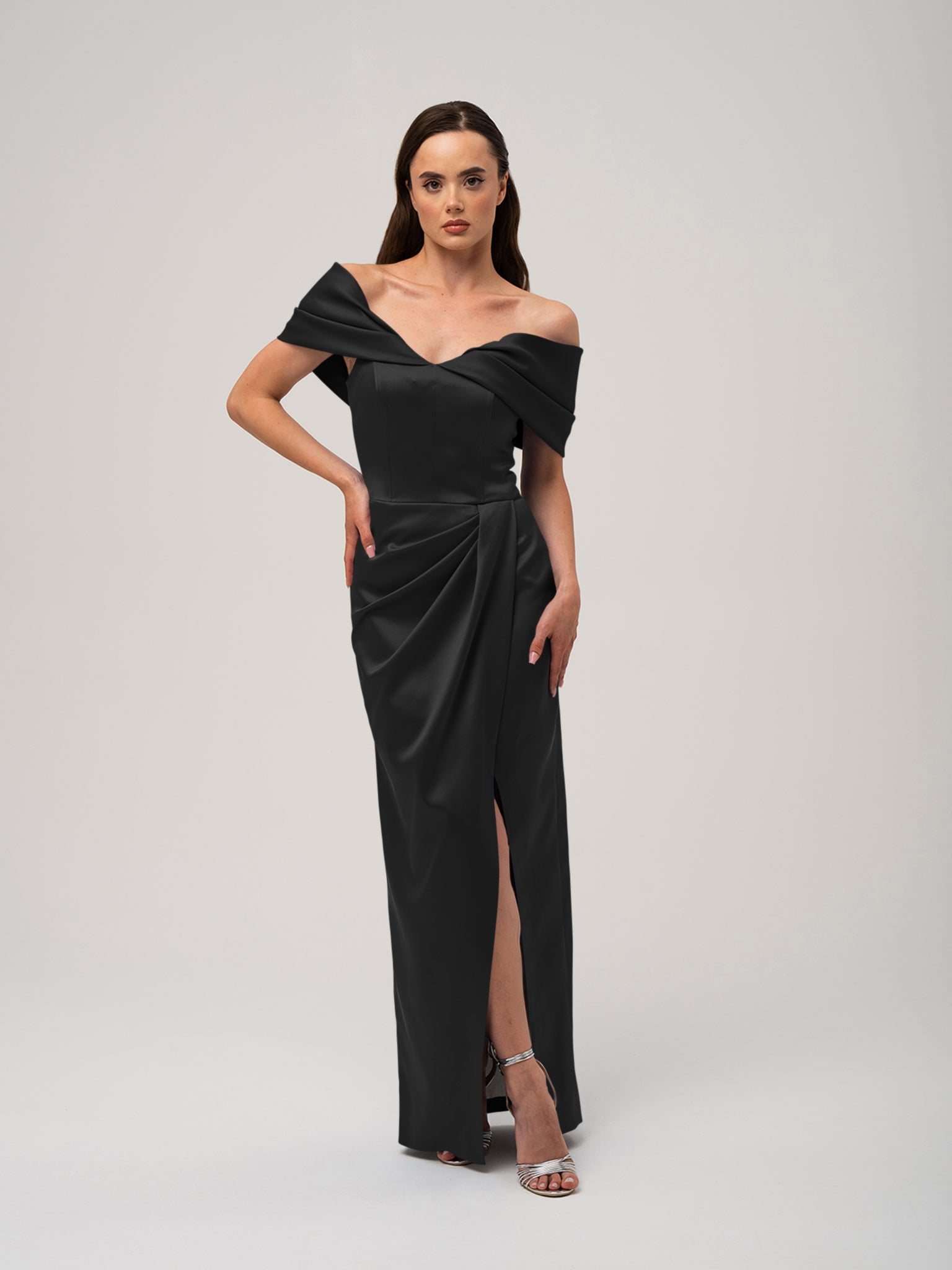 draped satin maxi dress Satin maxi dress with draped bodice :: LICHI