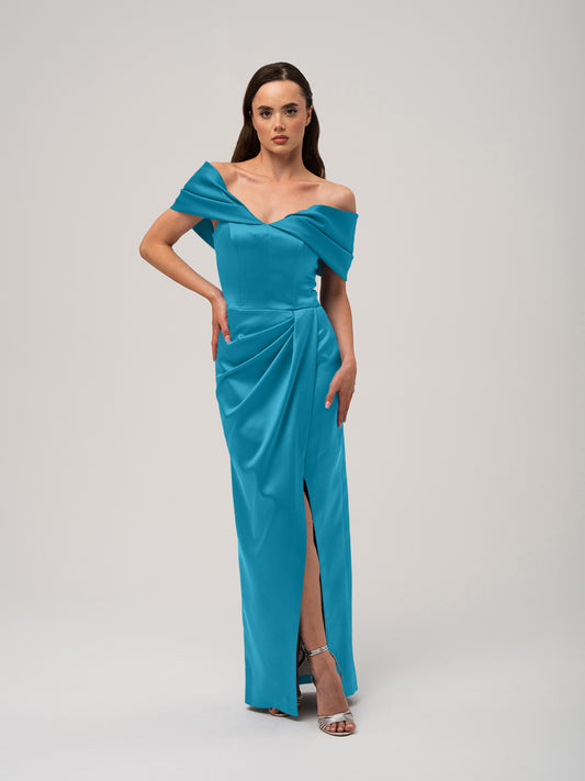 Heavenly Kissed Draped Satin Maxi Dress - Blue by Tia Dorraine Women's Luxury Fashion Designer Clothing Brand