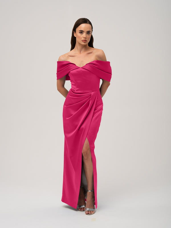Tia Dorraine Draped Satin Maxi Dress