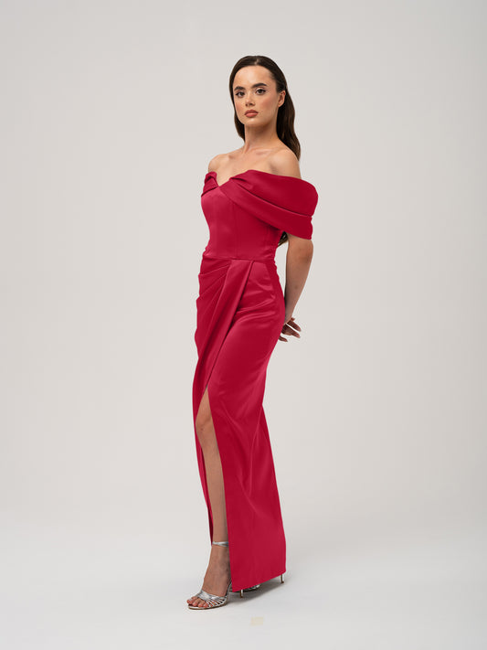 Heavenly Kissed Draped Satin Maxi Dress - Red by Tia Dorraine Women's Luxury Fashion Designer Clothing Brand