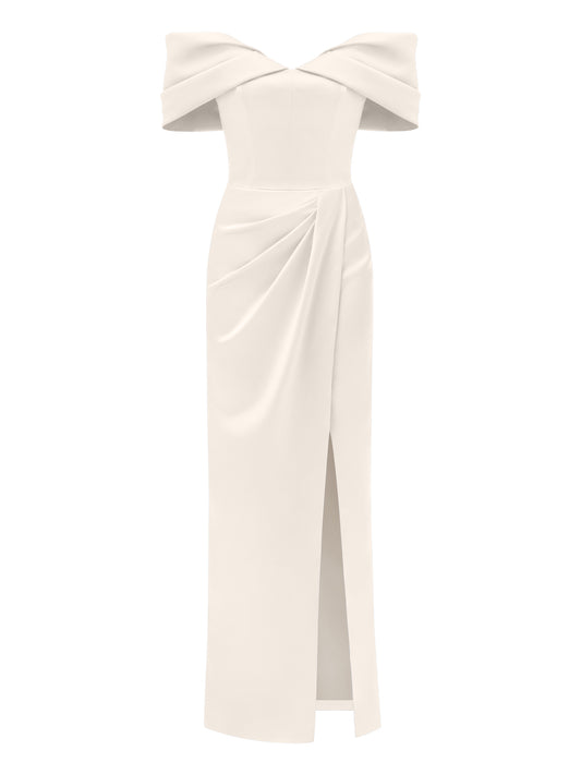 Heavenly Kissed Draped Satin Maxi Dress - Pearl White by Tia Dorraine Women's Luxury Fashion Designer Clothing Brand