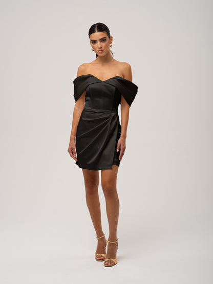 Heavenly Kissed Draped Satin Mini Dress - Black by Tia Dorraine Women's Luxury Fashion Designer Clothing Brand