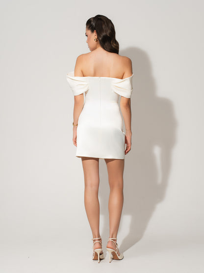 Heavenly Kissed Satin Mini Dress With Statement Bow Belt - Pearl White