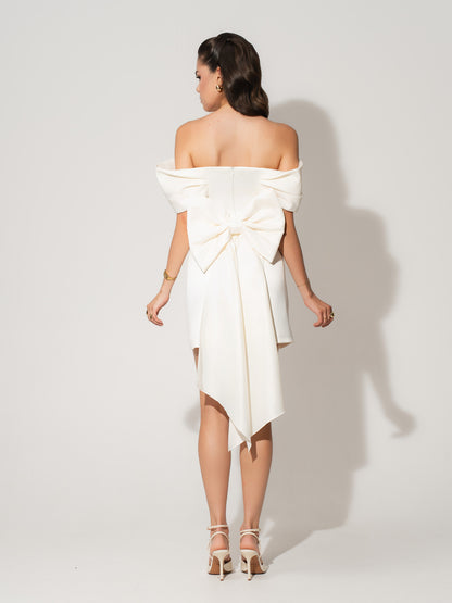 Heavenly Kissed Satin Mini Dress With Statement Bow Belt - Pearl White
