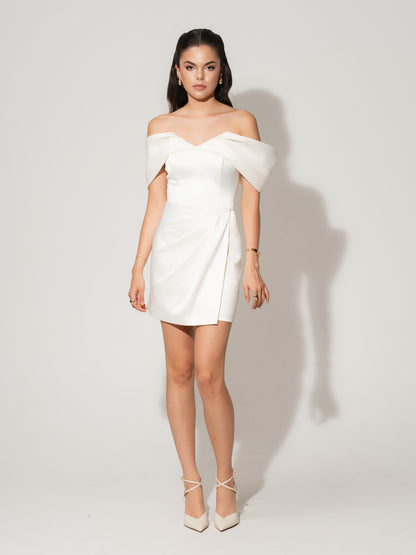 Heavenly Kissed Satin Mini Dress With Statement Bow Belt - Pearl White