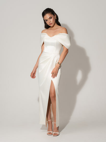 Heavenly Kissed Draped Satin Maxi Dress - Pearl White