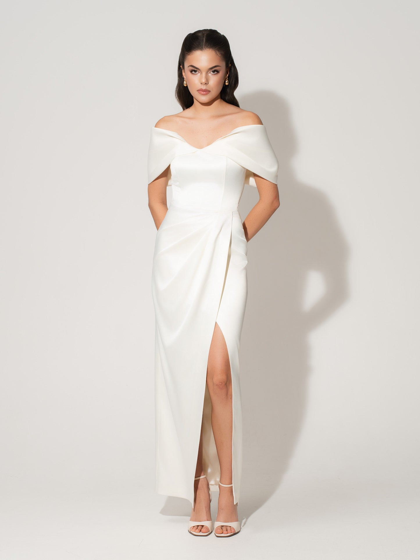 Heavenly Kissed Draped Satin Maxi Dress - Pearl White