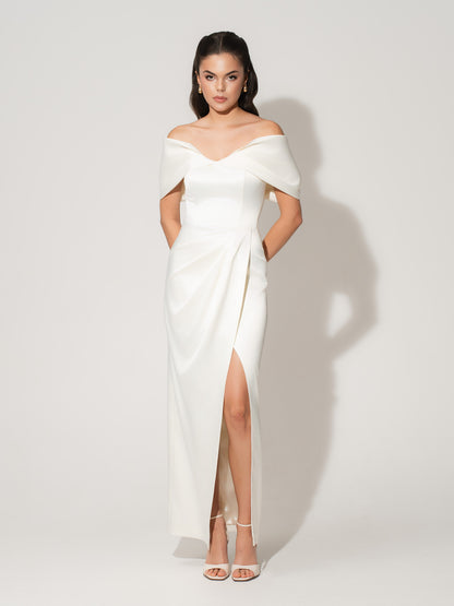Heavenly Kissed Draped Satin Maxi Dress - Pearl White
