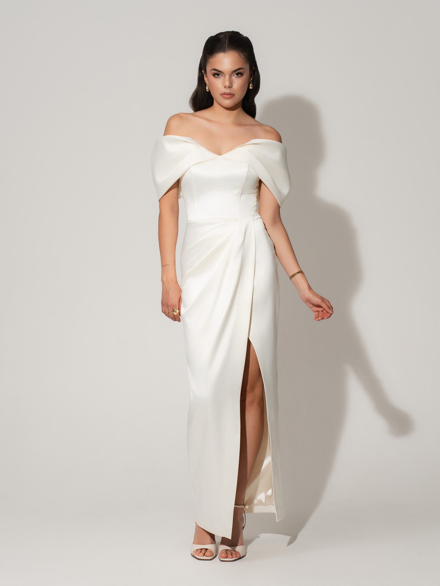 Heavenly Kissed Draped Satin Maxi Dress - Pearl White