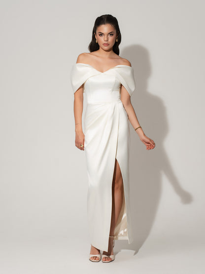 Heavenly Kissed Draped Satin Maxi Dress - Pearl White