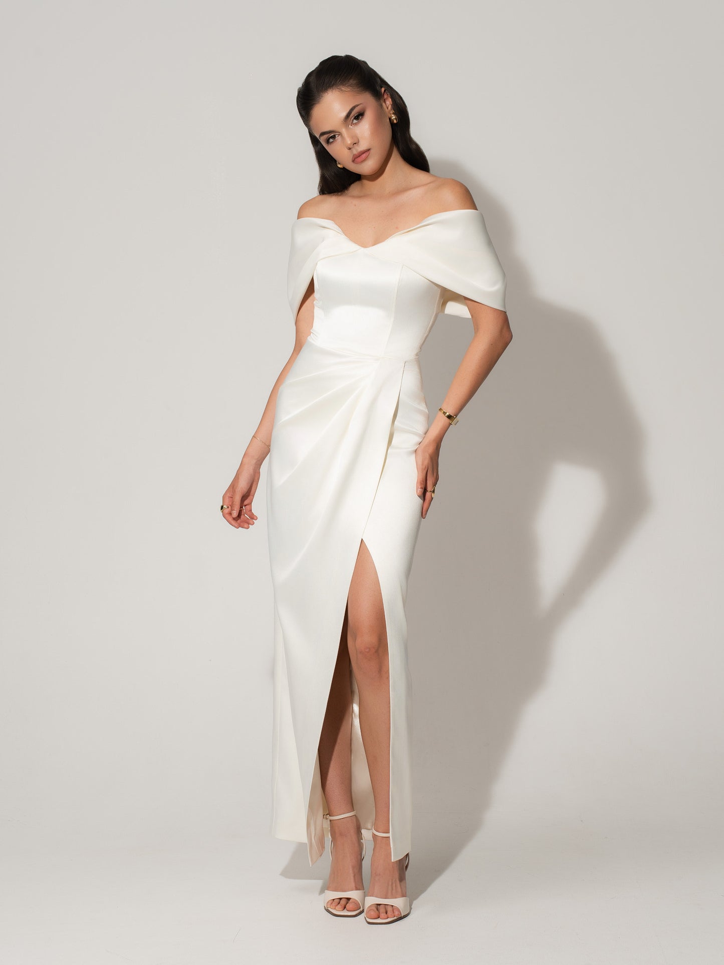 Heavenly Kissed Draped Satin Maxi Dress - Pearl White
