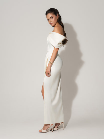 Heavenly Kissed Draped Satin Maxi Dress - Pearl White