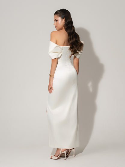 Heavenly Kissed Draped Satin Maxi Dress - Pearl White