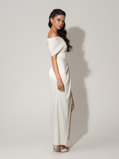 Heavenly Kissed Draped Satin Maxi Dress - Pearl White