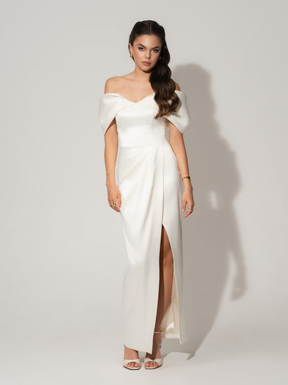 Heavenly Kissed Draped Satin Maxi Dress - Pearl White