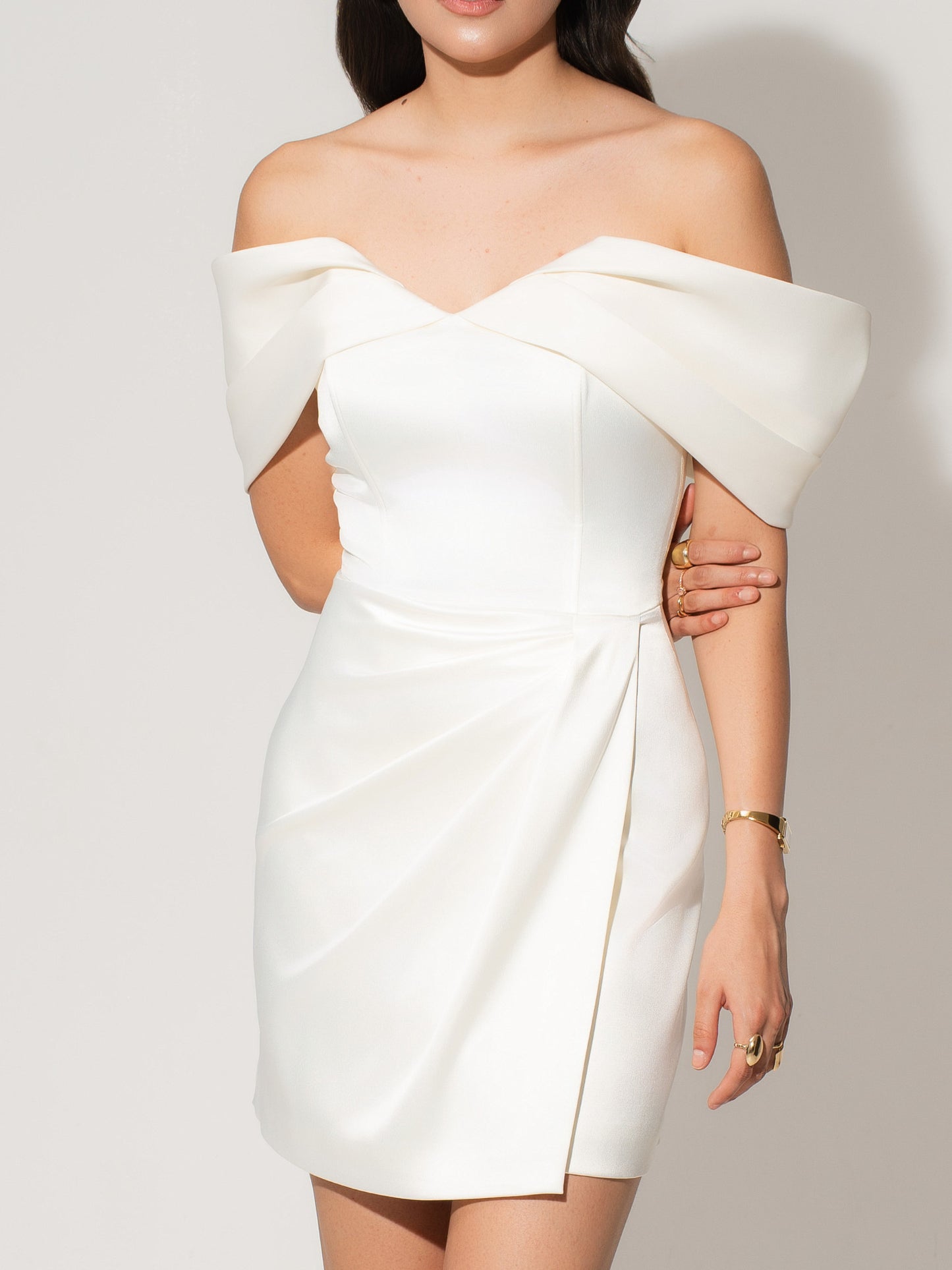 Heavenly Kissed Draped Satin Mini Dress - Pearl White