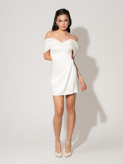 Heavenly Kissed Draped Satin Mini Dress - Pearl White