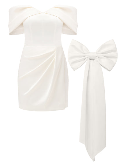 Heavenly Kissed Satin Mini Dress With Statement Bow Belt - Pearl White
