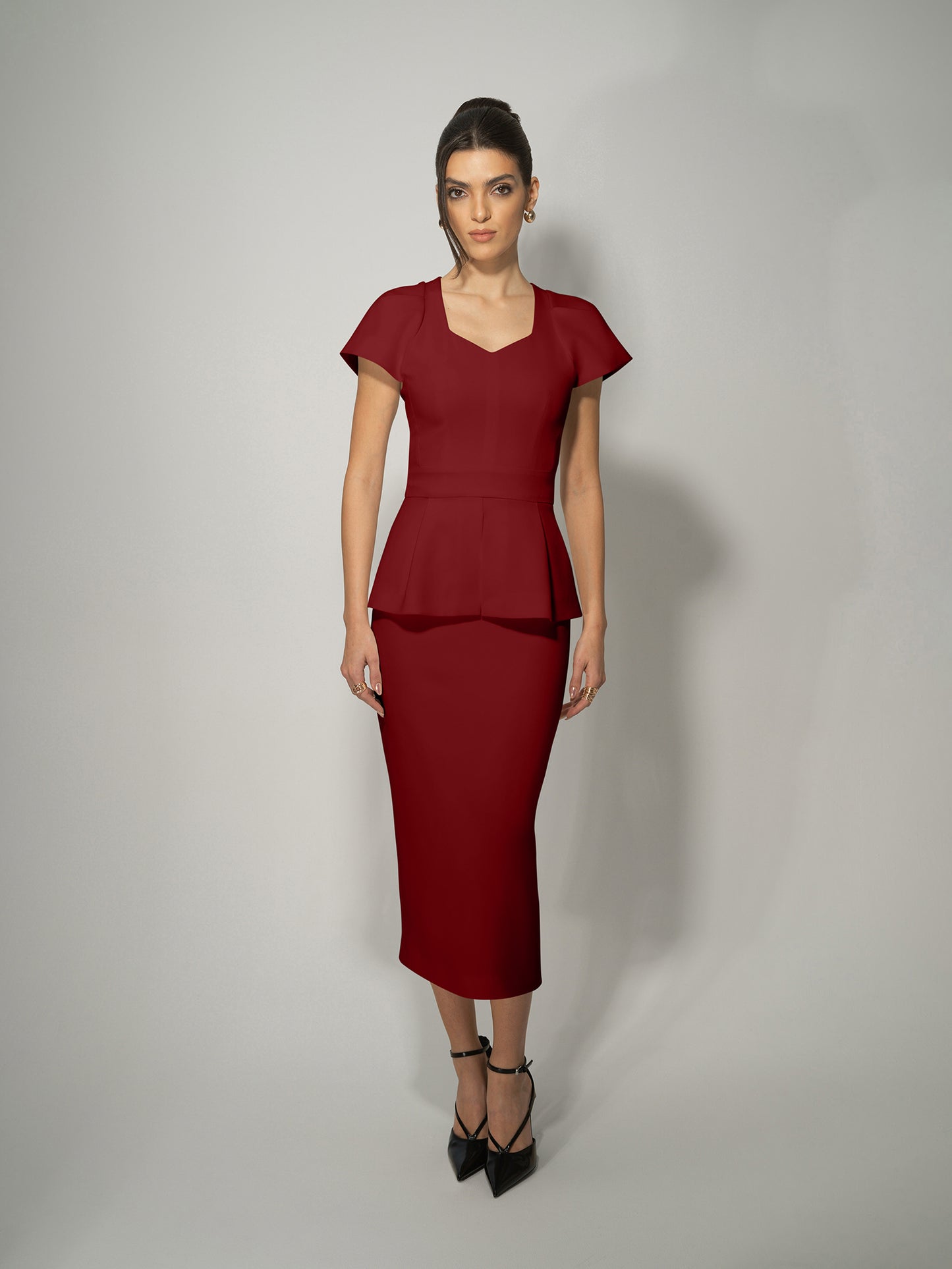 High-Waist Pencil Midi Skirt - Burgundy by Tia Dorraine Women's Luxury Fashion Designer Clothing Brand