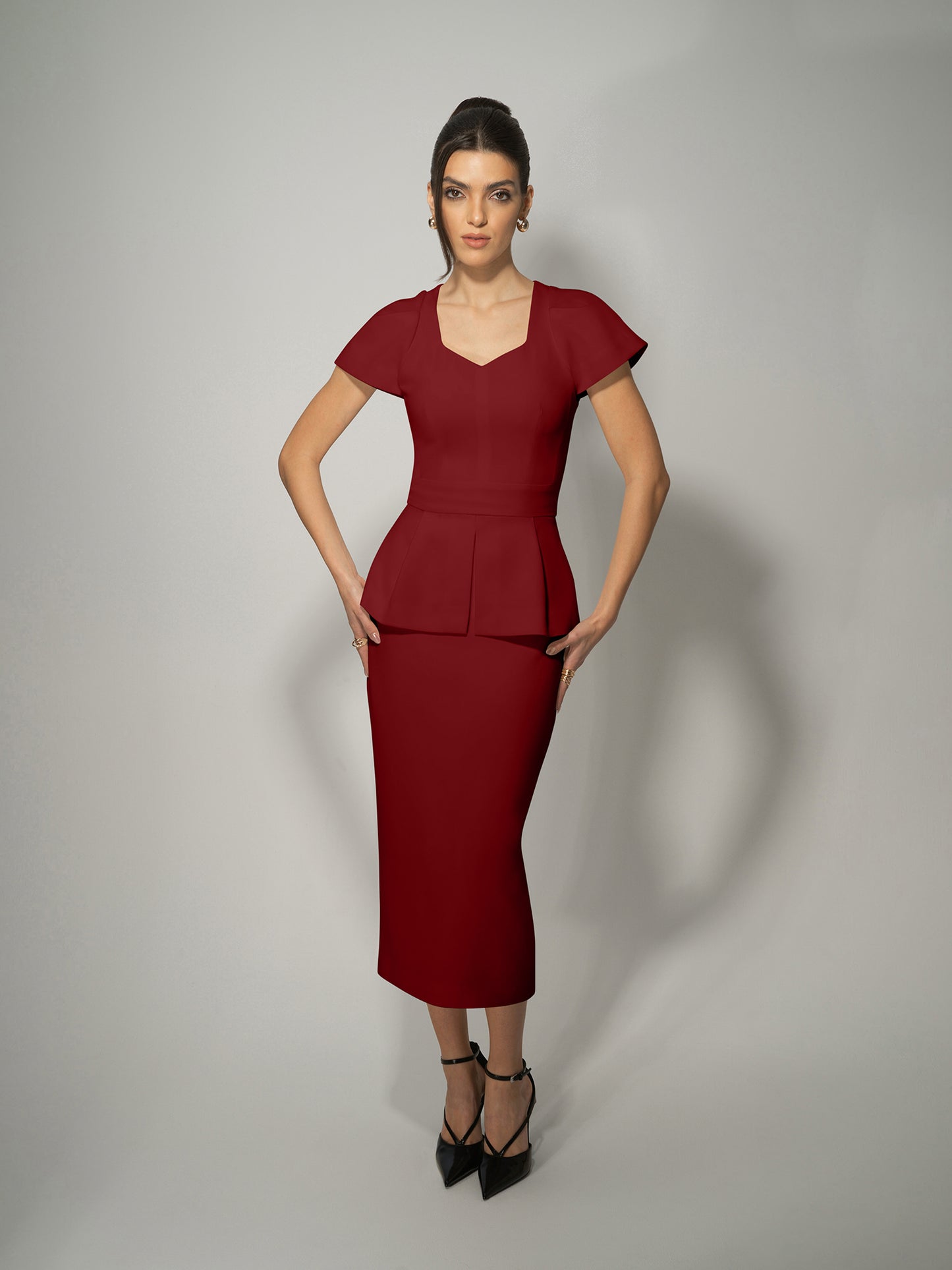 High-Waist Pencil Midi Skirt - Burgundy by Tia Dorraine Women's Luxury Fashion Designer Clothing Brand