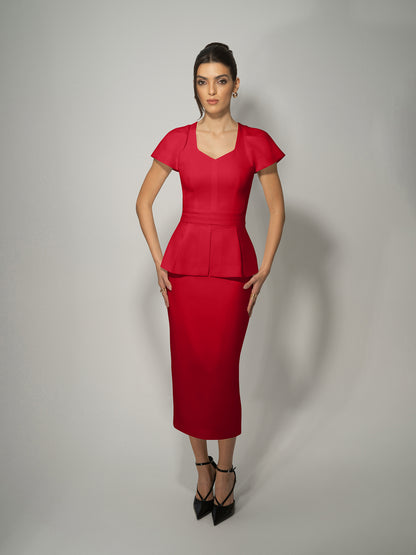 High-Waist Pencil Midi Skirt - Fierce Red by Tia Dorraine Women's Luxury Fashion Designer Clothing Brand