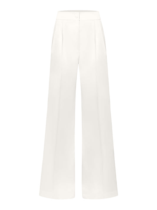 High-Waist Wide-Leg Satin Trousers - Pearl White