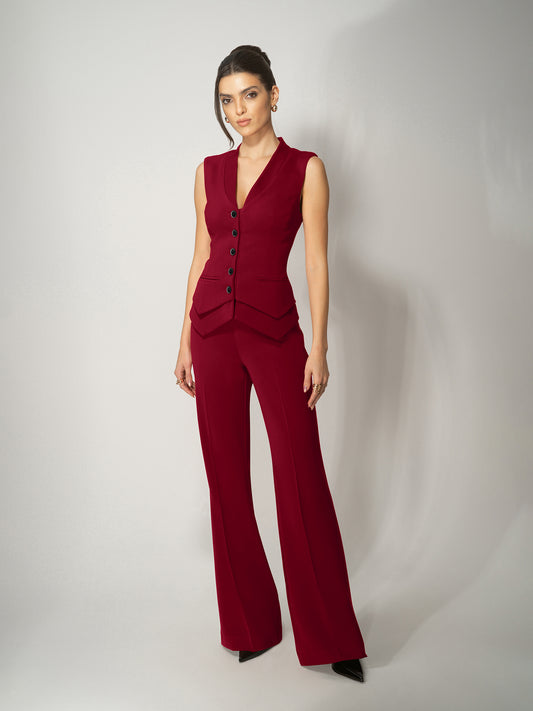 High-Waist Flared Trousers - Burgundy by Tia Dorraine Women's Luxury Fashion Designer Clothing Brand