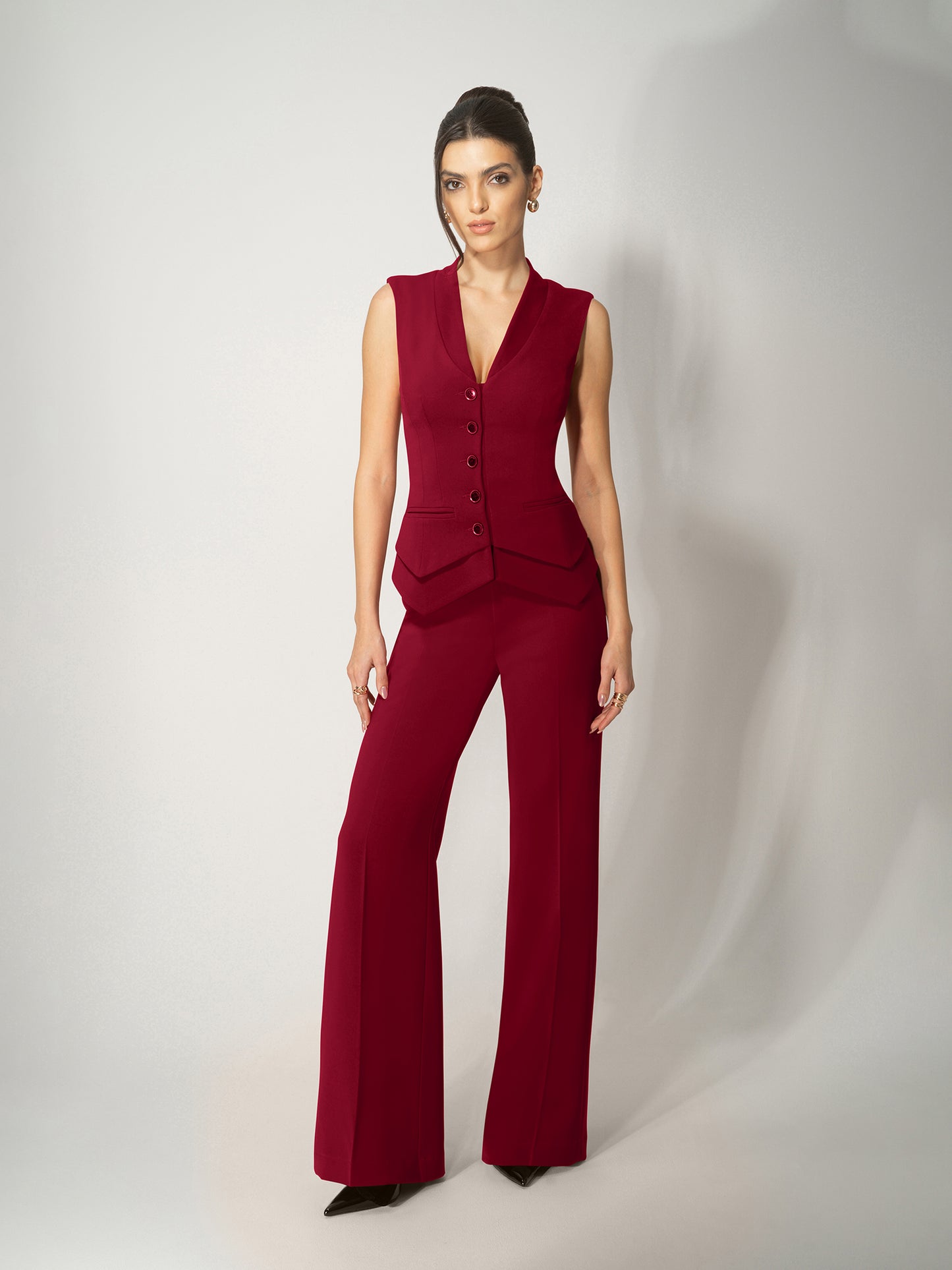 High-Waist Flared Trousers - Burgundy by Tia Dorraine Women's Luxury Fashion Designer Clothing Brand