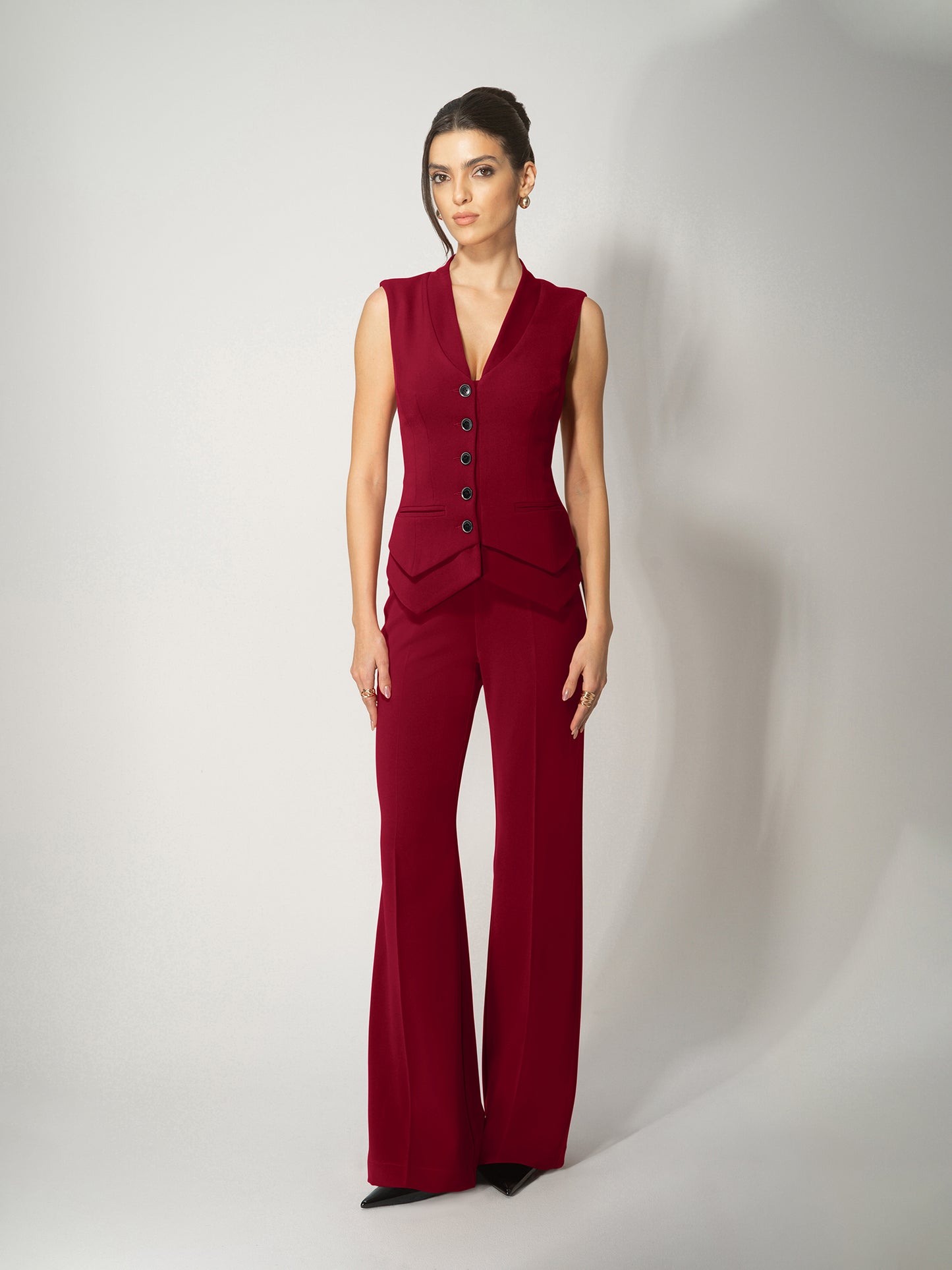 High-Waist Flared Trousers - Burgundy by Tia Dorraine Women's Luxury Fashion Designer Clothing Brand