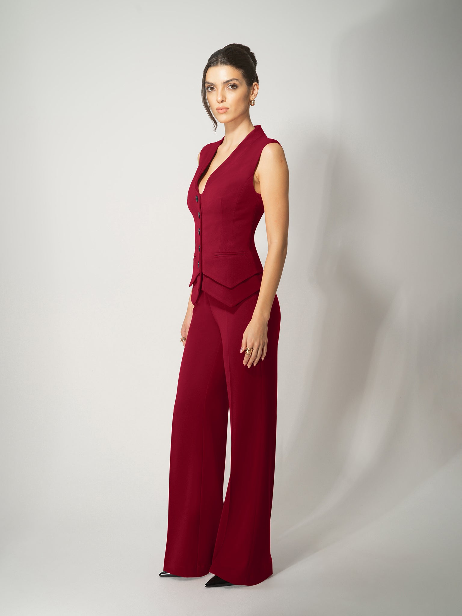 High-Waist Flared Trousers - Burgundy by Tia Dorraine Women's Luxury Fashion Designer Clothing Brand