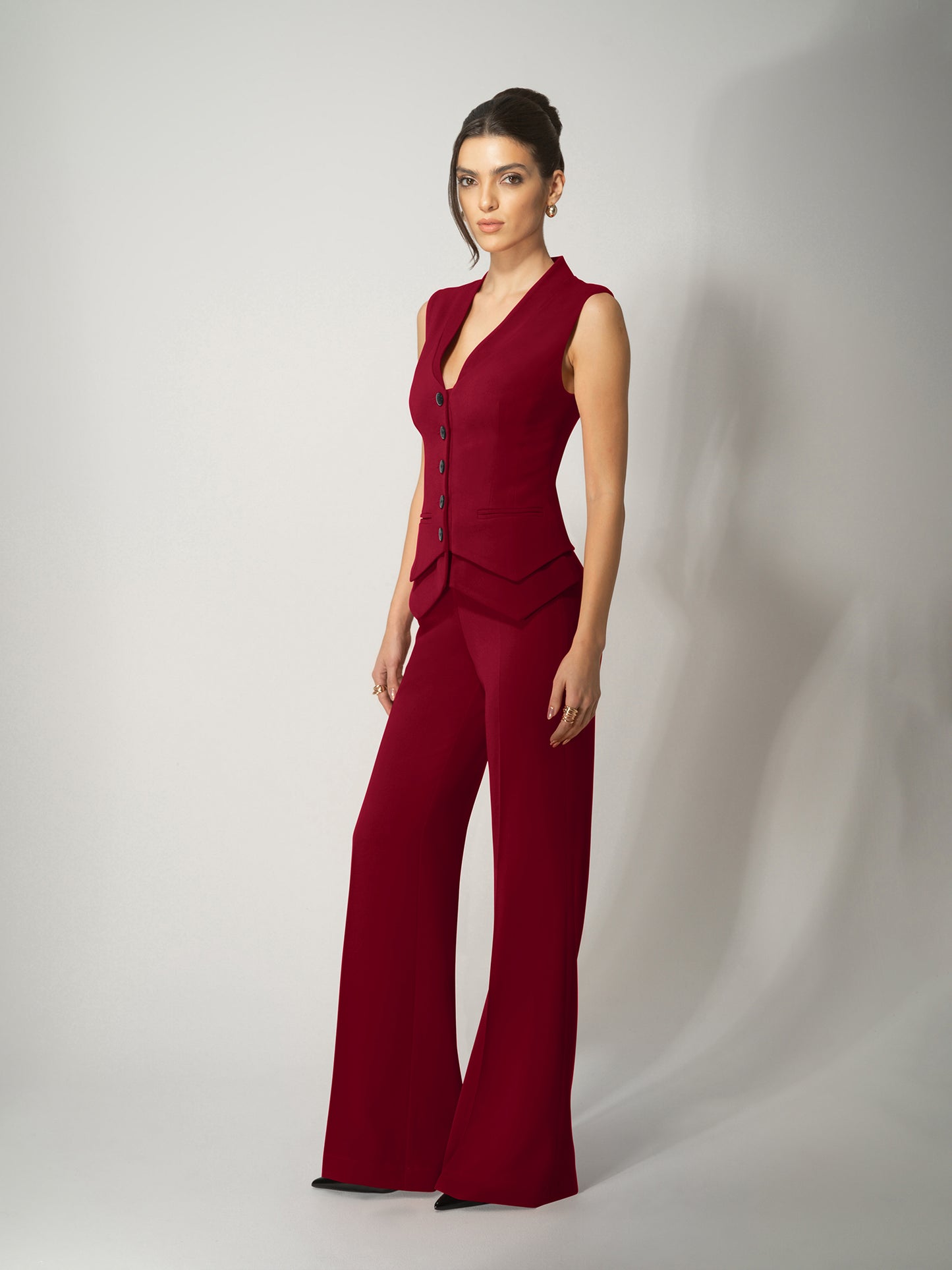 High-Waist Flared Trousers - Burgundy by Tia Dorraine Women's Luxury Fashion Designer Clothing Brand