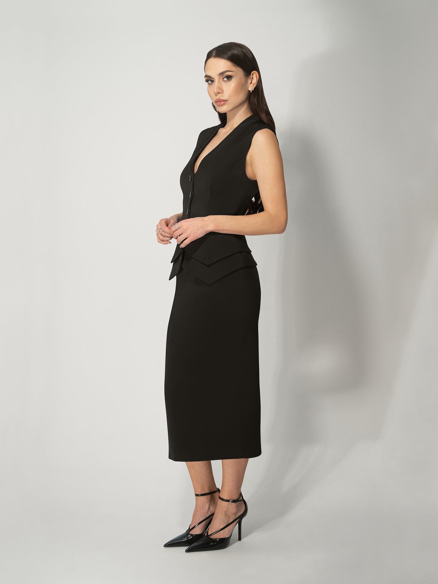 High-Waist Pencil Midi Skirt - Black by Tia Dorraine Women's Luxury Fashion Designer Clothing Brand