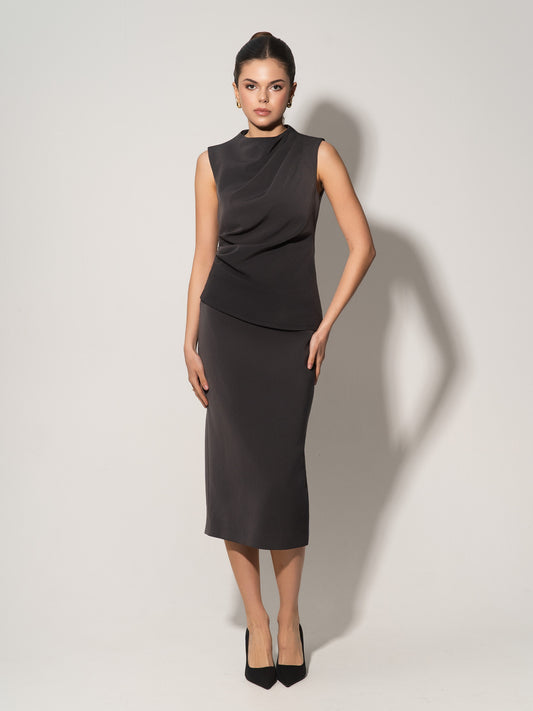 High-Waist Pencil Midi Skirt - Grey