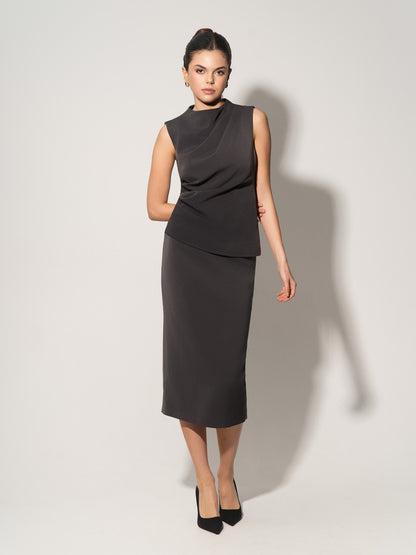 High-Waist Pencil Midi Skirt - Grey