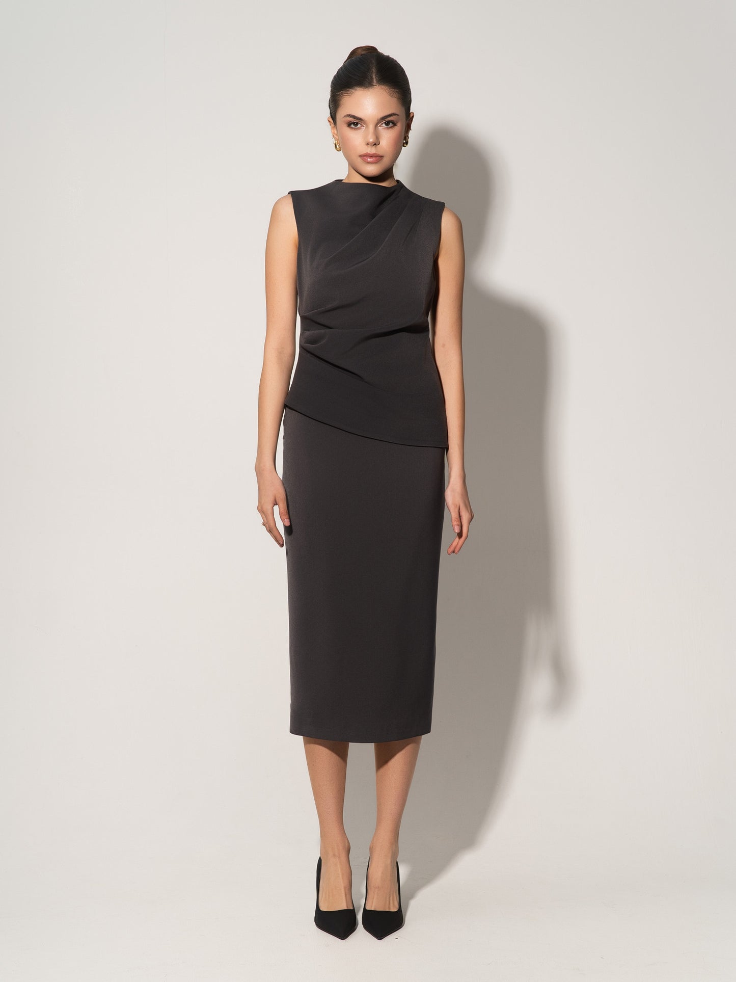 High-Waist Pencil Midi Skirt - Grey