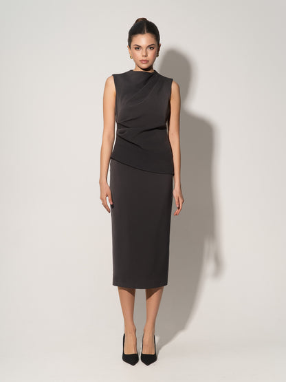 High-Waist Pencil Midi Skirt - Grey